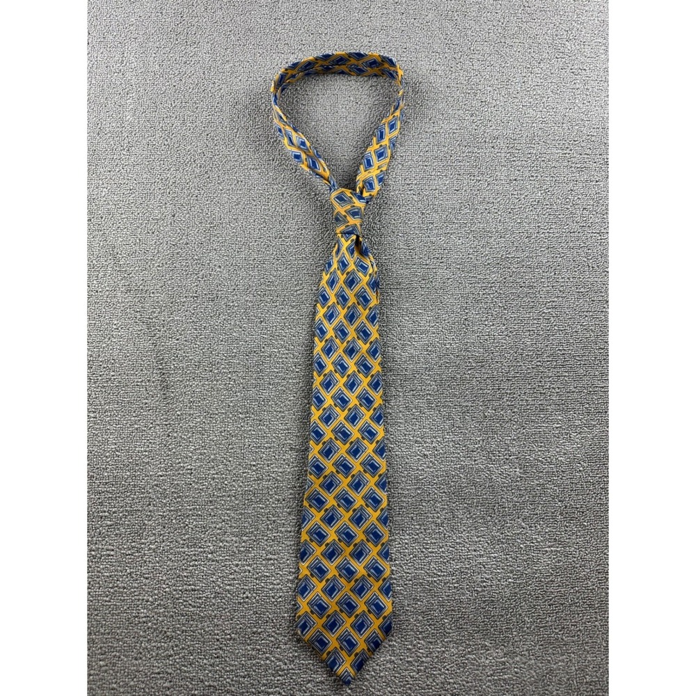 Vintage Gucci Tie Men Yellow‎ Blue Geometric Diamond 100% Silk Italy Made Preppy